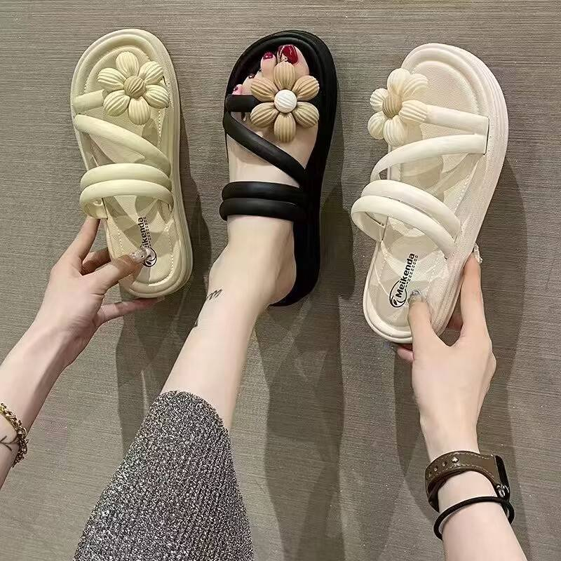 รองเท้าเเตะ สายคาดลายดอกไม้ พื้นนิ่ม สไตล์มินิมอล น่ารักมาก รุ่นใหม่ เเฟชั่นเกาหลี 075
