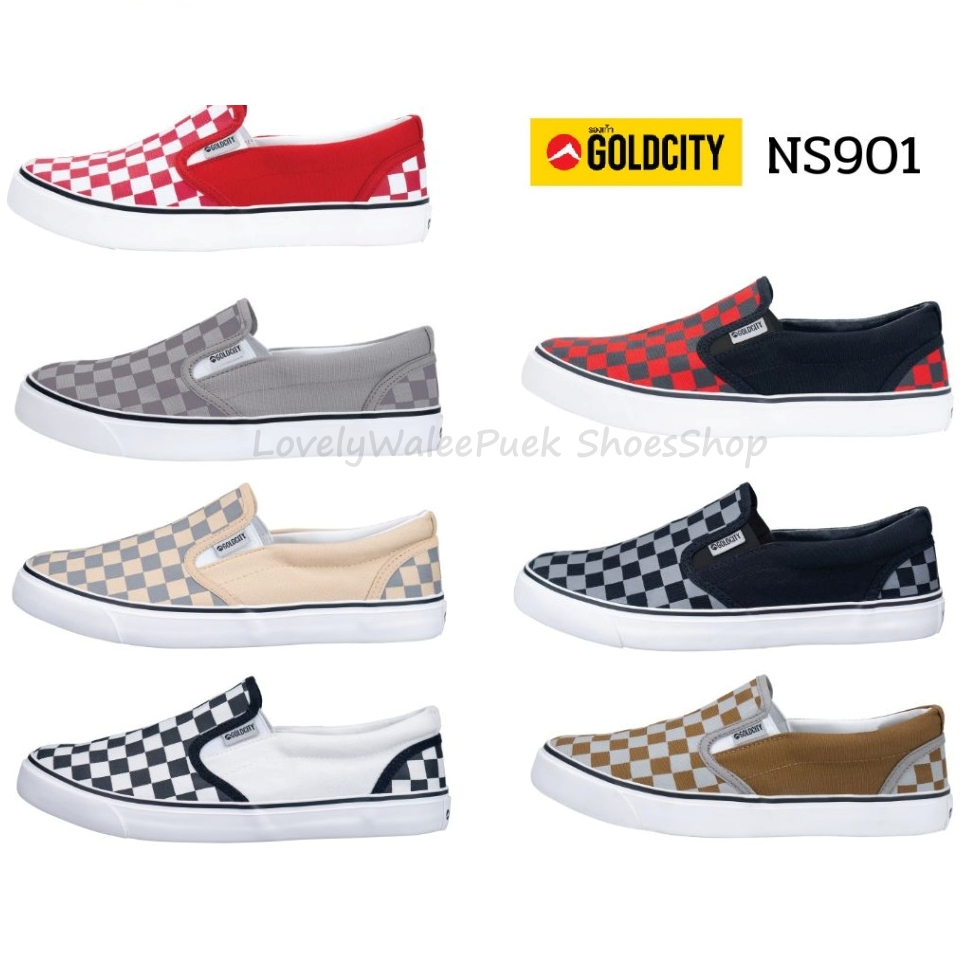 ▄▀▄▀▄GoldCity 901_Size_37-45 รองเท้าผ้าใบแบบสวมสลิปออน ขอบนวมนุ่ม ลายหมากรุก มี 7 สี_พร้อมส่ง!!