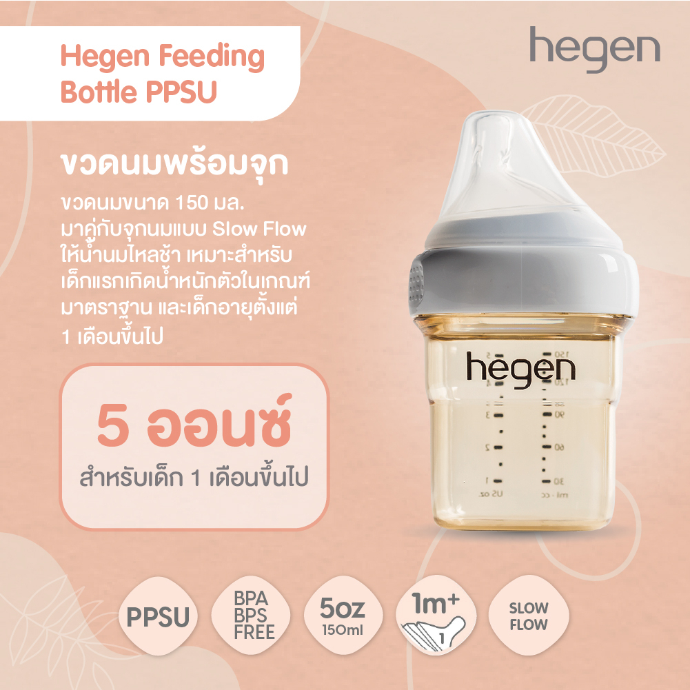 Hegen ขวดนมทรงเหลี่ยมPPSU ขวดนมสีชา 5oz/150ml - จุกนมเสมือนนมแม่ #1 Slow Flow 0-3 เดือน