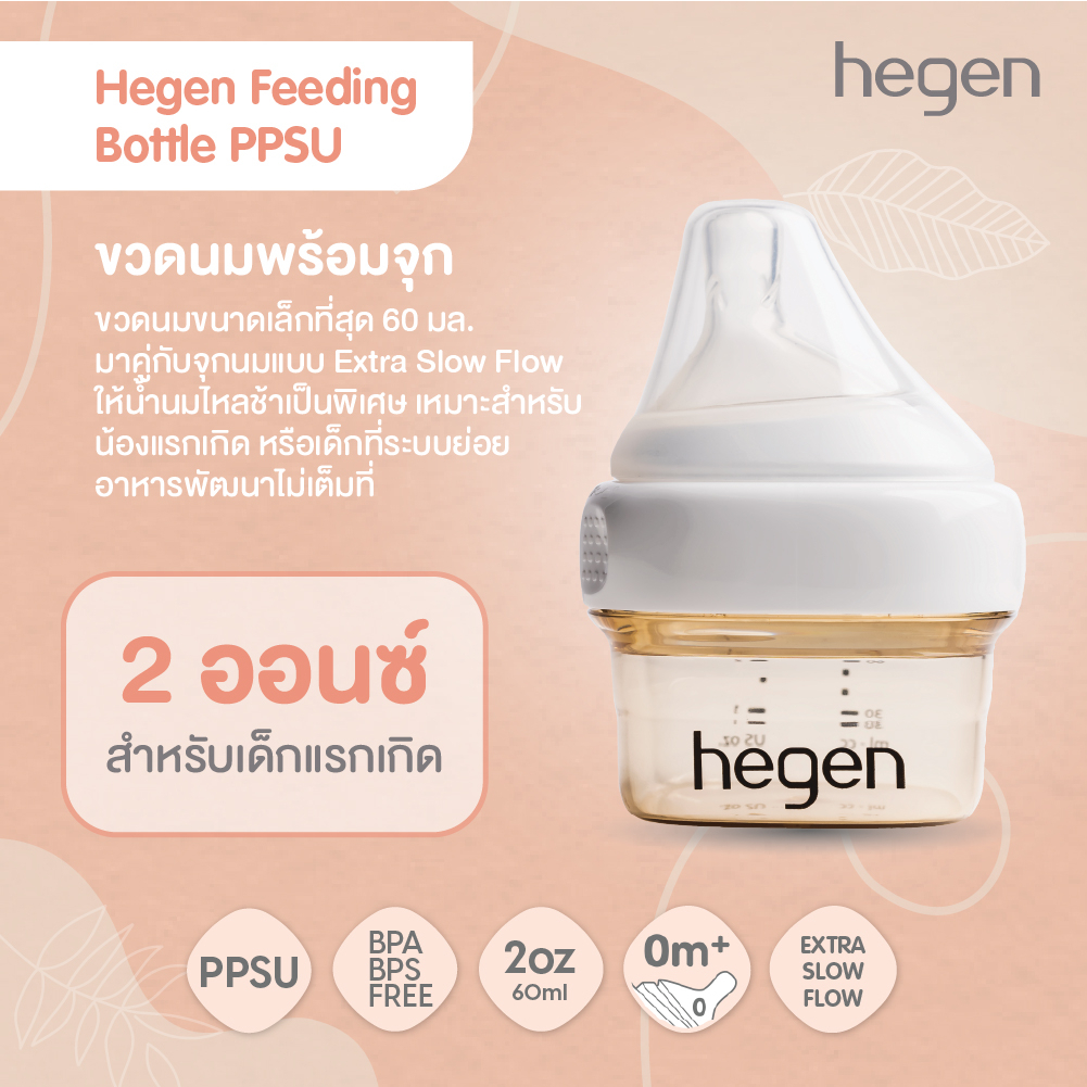 Hegen ขวดนมทรงเหลี่ยมPPSU ขวดนมสีชา 2oz/60ml - จุกนมเสมือนนมแม่ #0 Extra Slow Flow 0-1 เดือน