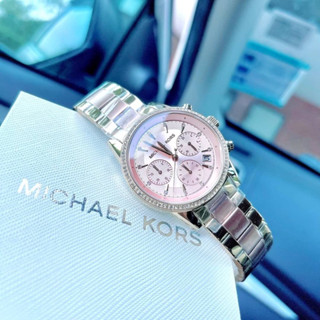 (ผ่อน0%) นาฬิกา  MICHAEL KORS MK6475 Ritz Rose Gold Dial Ladies Chronograph Watch 🌼🌸สายสแตนเลสทูโทน สีโรสโกลด์-ทอง