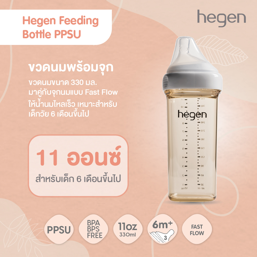 Hegen PCTO™ ขวดนมทรงเหลี่ยมPPSU ขวดนมสีชา 11oz/330ml - จุกนมเสมือนนมแม่ #3 Fast Flow 6 เดือน+