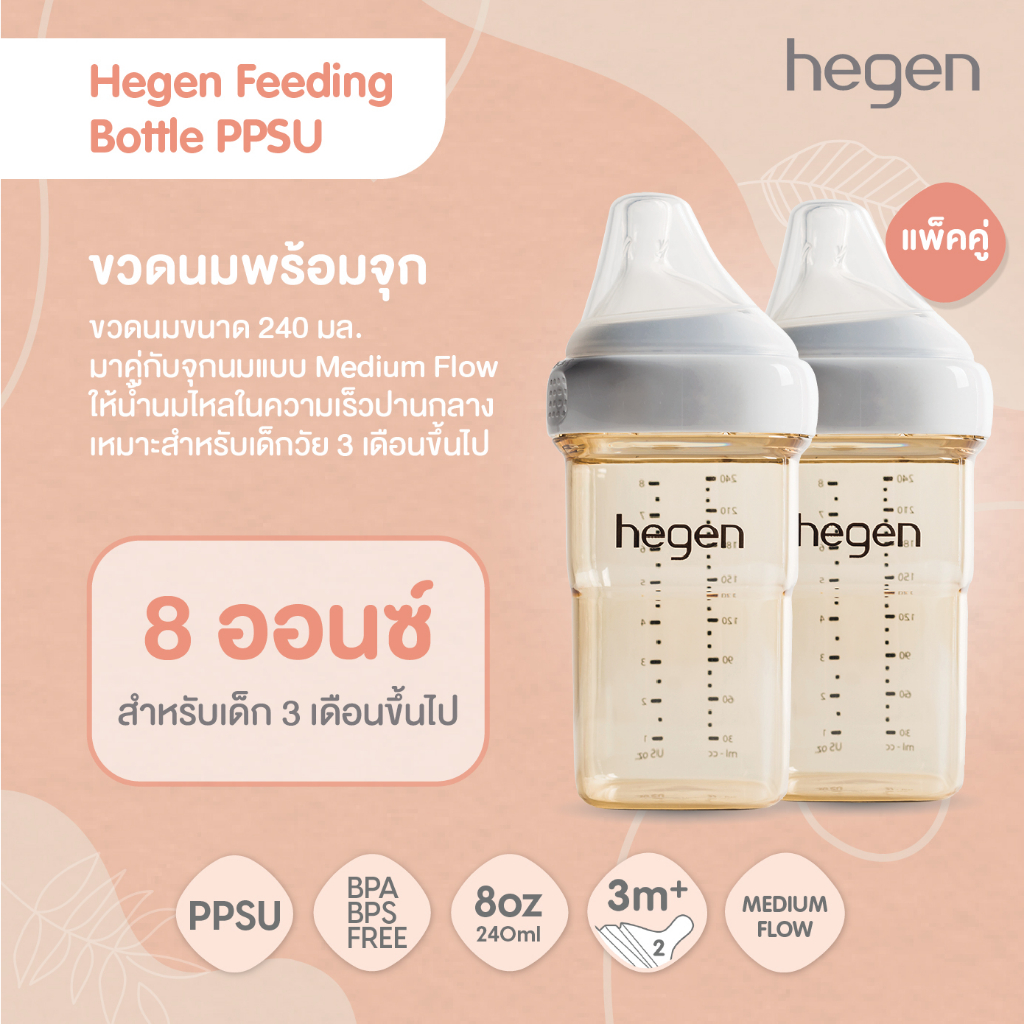 Hegen ขวดนมทรงเหลี่ยมPPSU ขวดนมสีชา 8oz/240ml - จุกนมเสมือนนมแม่ #2 Medium Flow 3-6m แพ็ค 2ขวด