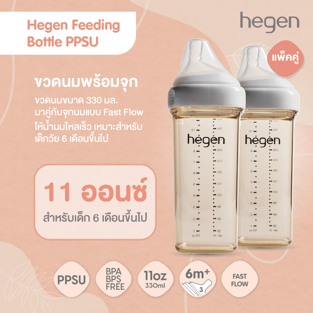 Hegen ขวดนมทรงเหลี่ยมPPSU ขวดนมสีชา 11oz/330ml - จุกนมเสมือนนมแม่ #3 Fast Flow 6m+ แพ็ค 2 ชิ้น