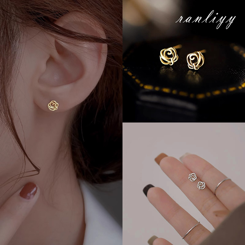 CODต่างหูดอกกุหลาบเงิน925กุหลาบละเอียดอ่อนมินิสไตล์เกาหลีแฟชั่นใช้แล้วไม่แพ้สำหรับผู้หญิงเรียบง่ายเครื่องประดับ-Ranliyy