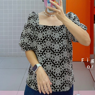 (fi1)เสื้อผ้าฝ้ายคอเหลี่ยมยางปักดอกไม้ทั้งตัว งานป้ายfight