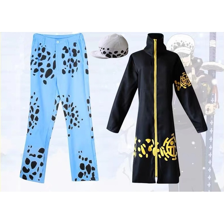 อะนิเมะ One Piece Trafalgaro 2 ปีต่อมาคอสเพลย์สีดำเสื้อคลุม Unisex หมวกกางเกง