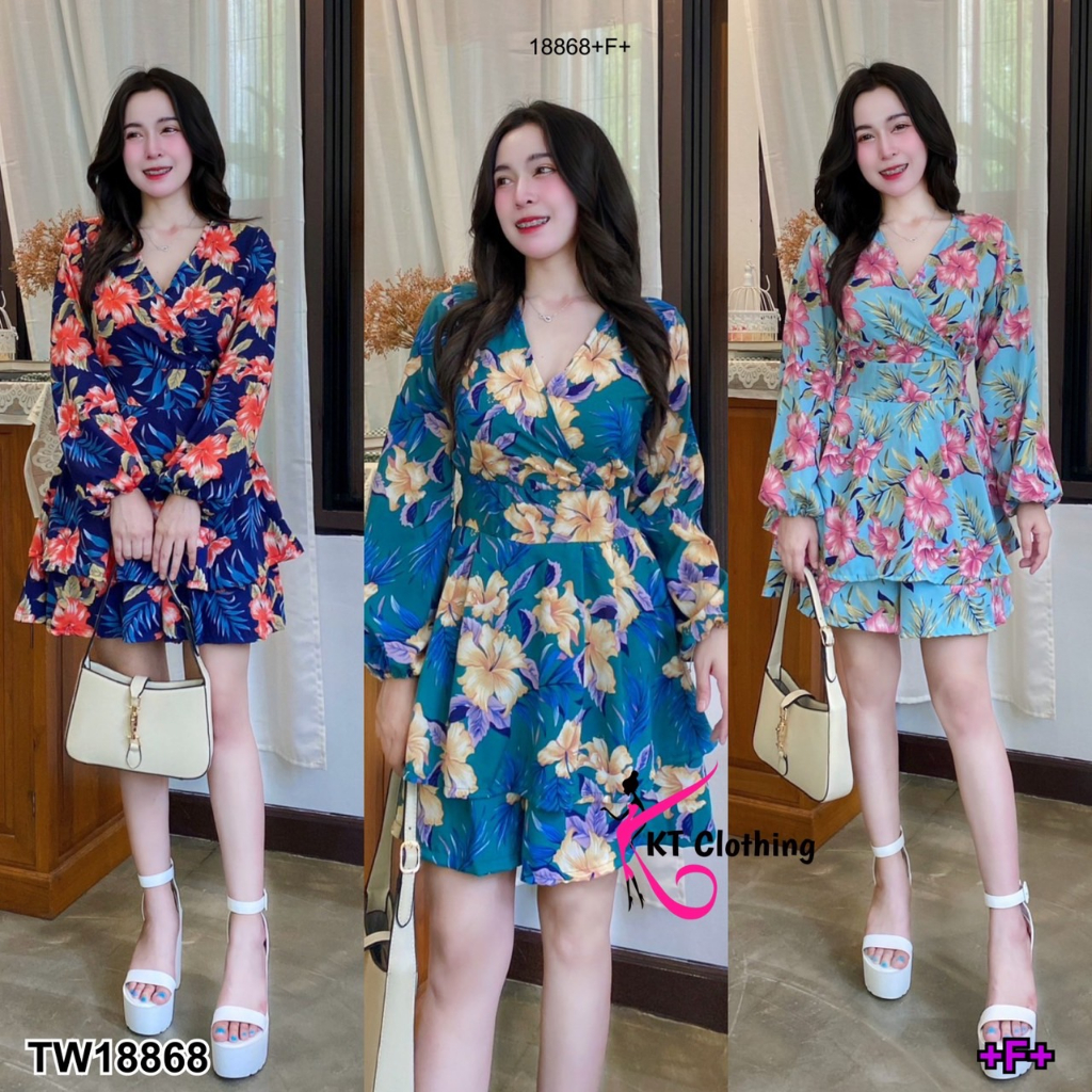 MF18868 Jumpsuit จั้มสูทคอวี แขนยาว ผ้าไหมอิตาลี่ พิมพ์ลายดอกไม้ แต่งระบายคล้ายกระโปรงรอบๆ ข้างเอวมีสายผูกเก็บทรงชุดไว้