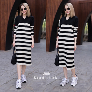 🌈🌿🌺🌸🌼🤎🧡🇰🇷 Knit Stripe V Long Sleeve Maxi Dress