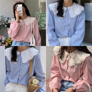 [พร้อมส่ง] ถูกที่สุด🔥 เสื้อคอบัวฉลุแขนยาวสีพื้นเกาหลี 3สี