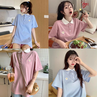 [พร้อมส่ง] เสื้อเชิ้ตแขนสั้นคอปกคอตตอนปักเดซี่ ชมพู/ฟ้า เกาหลี