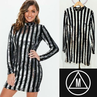 Missguided High Neck Sequin Stripe Mini Dress เดรสปักเลื่อมลายทาง SQ38