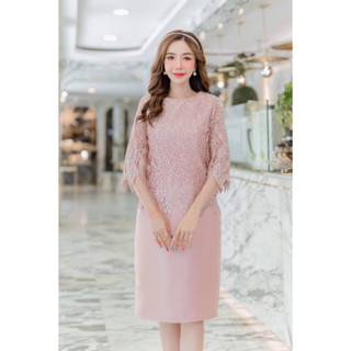 DressyHappy ชุดออกงาน เดรสออกงาน เดรสลูกไม้ทอเลื่อมปักกลิตเตอร์สวย หรูหรา กระโปรงผ้ามันวาวและเรียบเนียน