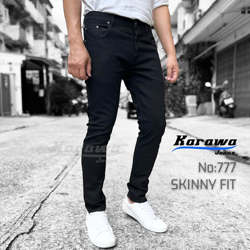 Karawa jeans รุ่น no.777 ยีนส์ขายาว ผ้ายืด กระดุม ทรงเดฟ สีดำ