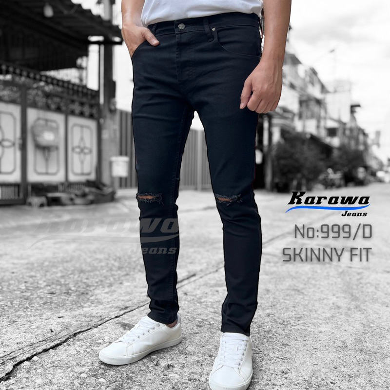 Karawa jeans รุ่น no.999/d ยีนส์ขายาว ผ้ายืด กระดุม ทรงเดฟ สีดำ ปาดขาดที่หัวเข่า