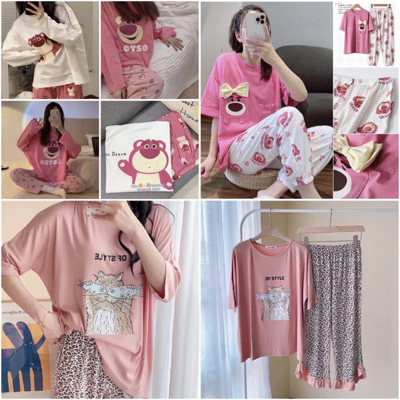 ชุดนอนหมีล็อตโซ่ เสื้อคอกลมแขนยาว+กางเกงขายาว งานผ้าฝ้ายนิ่ม ใส่สบาย