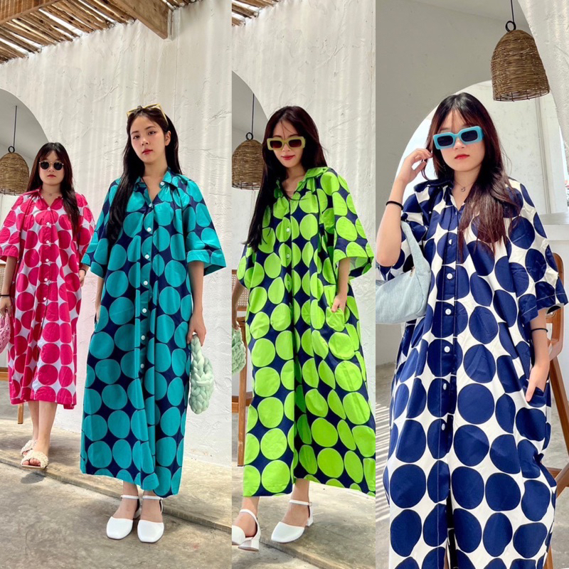 📌ทักก่อนสั่ง📌 6008 เดรสเชิ้ต แต่งจีบไหล่ ผ้าคอตตอนญี่ปุ่น ลาย polkadot อก56” MTD