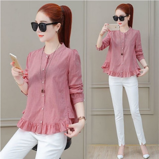 พร้อมส่ง : เสื้อลายสก๊อตจับจีบผ้าแต่งระบาย [H3]
