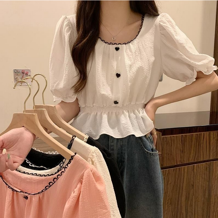 (พร้อมส่งจากไทย) เสื้อจั๊มเอวแขนตุ๊กตาตกแต่งกระดุมหัวใจน่ารัก [H4]
