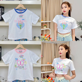 เสื้อยืดครอปแขนสั้น Baby tee ลาย Lovely blooming , Butterfly🦋💐 (Labsilk)