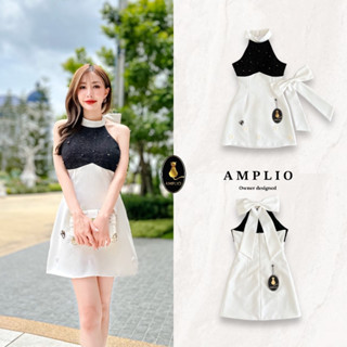 AMPLIO:DRESSสีขาวตัดแมทต์ลุคคลาสซี่สีดำ(*รบกวนเช็คสต๊อกก่อนกดสั่งซื้อ)