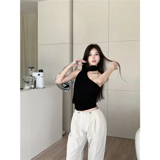 Cicishop(XS2581)เสื้อไหมพรมแต่งเว้าคล้องคอ ตัวสายใส่ได้หลายแบบ ใส่กับอะไรก็สวยแซ่บ