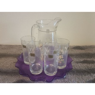 luminarc Verrerie Darques FranceSet เหยือกน้ำ พร้อมแก้วน้ำ 4 ใบ ลายดอกไม้Vintage