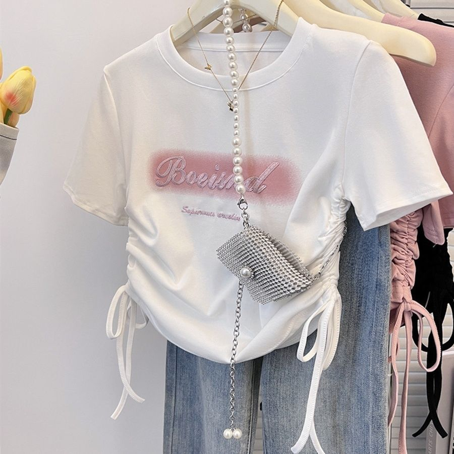KKS พร้อมส่ง เสื้อยืด คอกลม แขนสั้น y2k สไตล์เกาหลี สําหรับผู้หญิง นุ่มมาก ใส่สบาย #37270