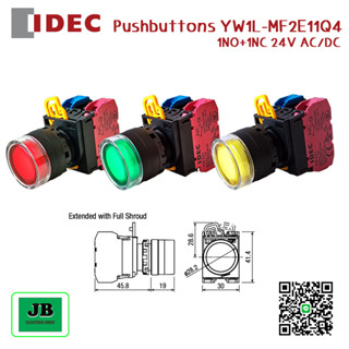 IDEC Illuminated Pushbuttons สวิทซ์ปุ่มกดมีไฟ YW1L-MF2E11Q4 24V AC/DC 1NO+1NC ขนาด 22 mm.