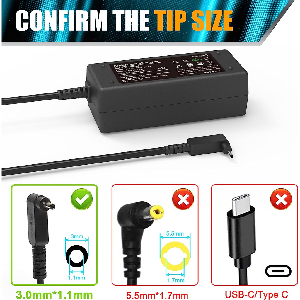 Acer ไฟ อะแดปเตอร์โน๊ตบุ๊ค 45W 65W 3.0x1.1mm พร้อมสายไฟAC Power Swift Spin Aspire อะแดปเตอร์ สายชาร์จ โน๊ตบุ๊ค Adapter