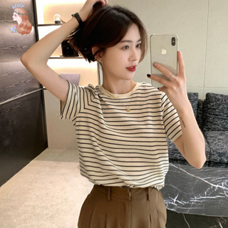 เสื้อยืดลายทาง วินเทจ แขนสั้น คอกลม ทรงหลวม สำหรับผู้หญิง พร้อมส่ง TS1107