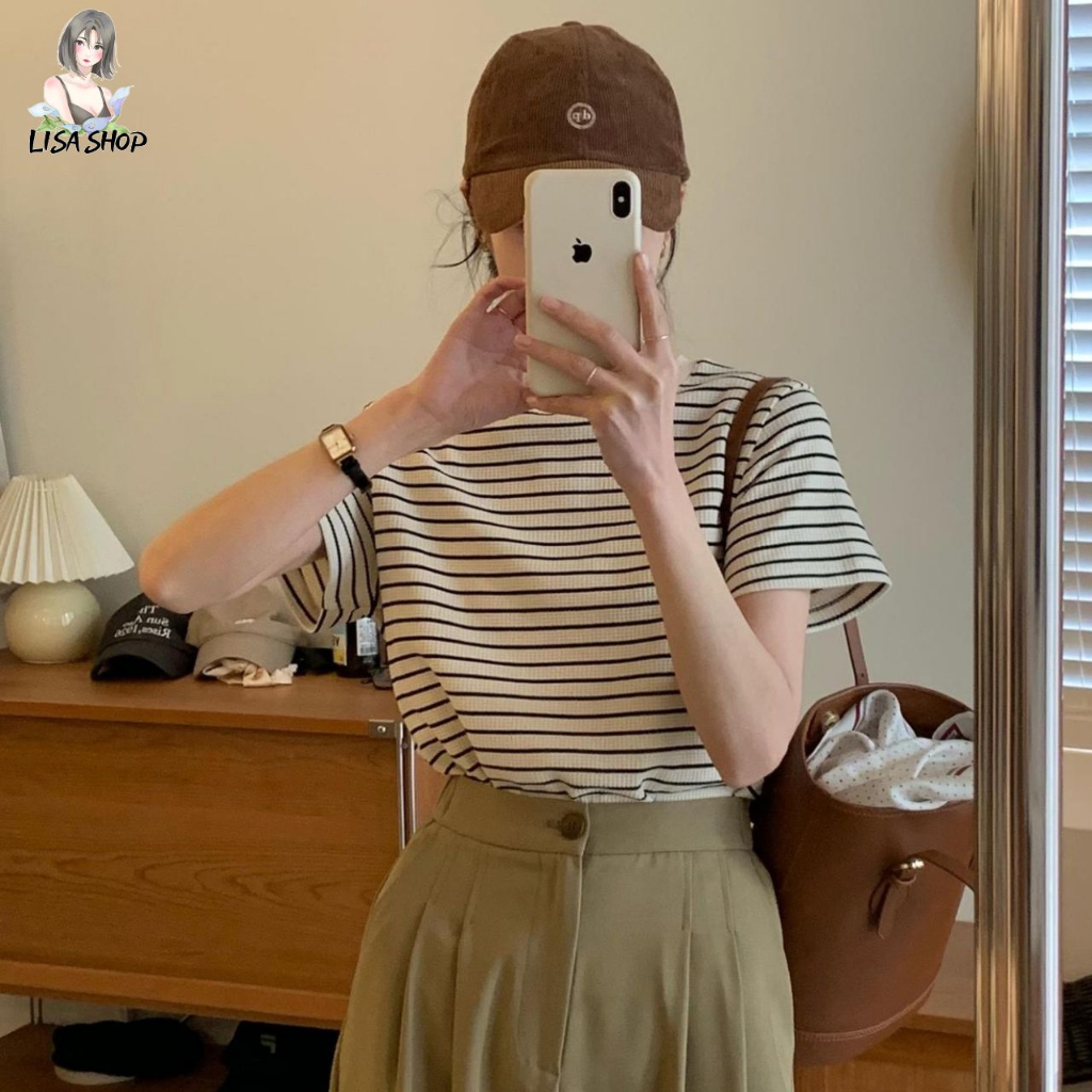 เสื้อยืดแขนสั้นแฟชั่นสายเกา ลายทางวินเทจ ละมุน คอกลม ทรงหลวม ใส่น่ารัก พร้อมส่ง TS1107