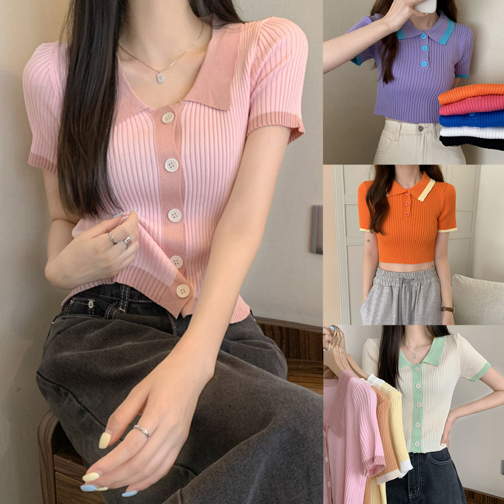 mimi&didi พร้อมส่ง เสื้อครอปแฟชั่น เสื้อผู้หญิง เเขนสั้นคอปก ตัดขอบสี (5935)