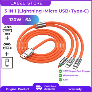 สายชาร์จเร็ว 3 IN 1 - 120W 6A  Super Fast Charge LED สายซิลิโคน