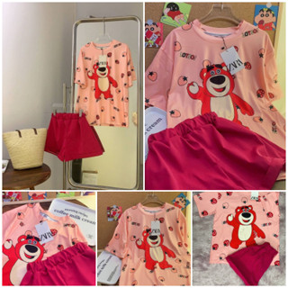 ชุดเซ็ทหมี Lotso สีชมพู น่ารักๆ งานป้าย zara ชุดเซ็ทผู้หญิงเสื้อแขนสั้นกางเกงขาสั้น ผ้าเนื้อดี ใส่สบาย ใส่อยู่บ้าน