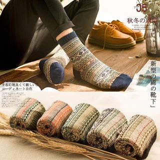 ถุงเท้าผ้าขนสัตว์ลายทาง สไตล์วินเทจHarajuku style socks men's retro socks thick knit cotton socks