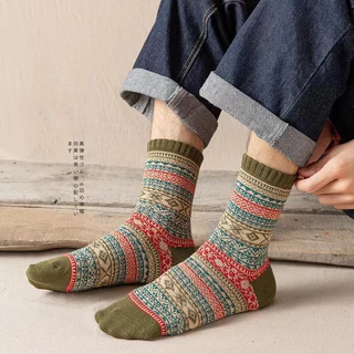 ถุงเท้าผ้าขนสัตว์ลายทาง สไตล์วินเทจHarajuku style socks men's retro socks thick knit cotton socks