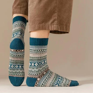 ถุงเท้าผ้าขนสัตว์ลายทาง สไตล์วินเทจHarajuku style socks men's retro socks thick knit cotton socks
