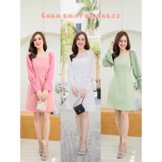 CARA chiffon dress เดรสดึงยางไหล่เเขนชีฟอง มีซิปหลัง ใส่ออกงานได้เลย ป้าย VERA