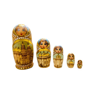 Russian Matryoshka Nesting Dolls Burned Wood Gold Accent Hand Painted 5 Pieces