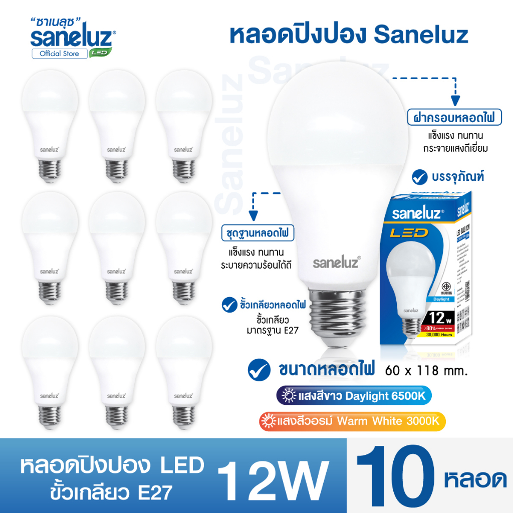Saneluz แพ็ค 10 หลอดไฟปิงปอง 12W E27 ราคาถูก แสงสีขาว แสงสีวอร์ม ไฟแอลอีดี ใช้งานไฟบ้าน 220V led