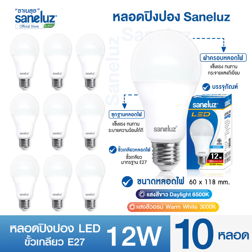 Saneluz แพ็ค 10 หลอดไฟปิงปอง 12W E27 ราคาถูก แสงสีขาว แสงสีวอร์ม ไฟแอลอีดี ใช้งานไฟบ้าน 220V led