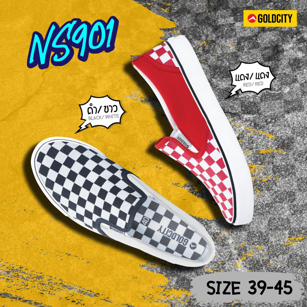 ถูกสุด•ส่งไว•แท้ชัวร์💯Gold city รองเท้าผ้าใบ Slip-on ทรงสตรีท รุ่น NS901 ลายหมากรุก พื้นยางดิบ ทน กันลื่น Size 39-45