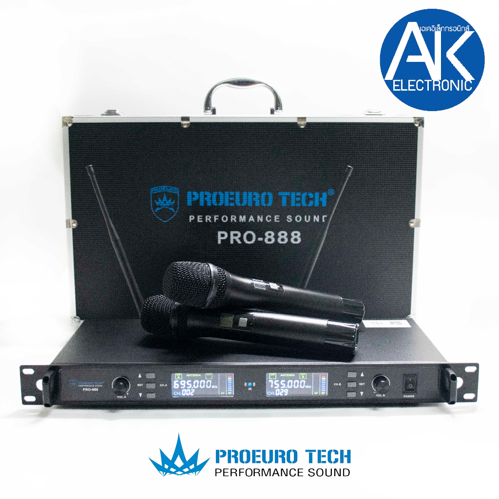 PROEUROTECH PRO-888 ไมค์ลอยคู่พร้อมกระเป๋า ไมค์โครโฟนไร้สาย ปรับความถี่ได้ คลื่นความถี่ UHF โปรยูโรเ