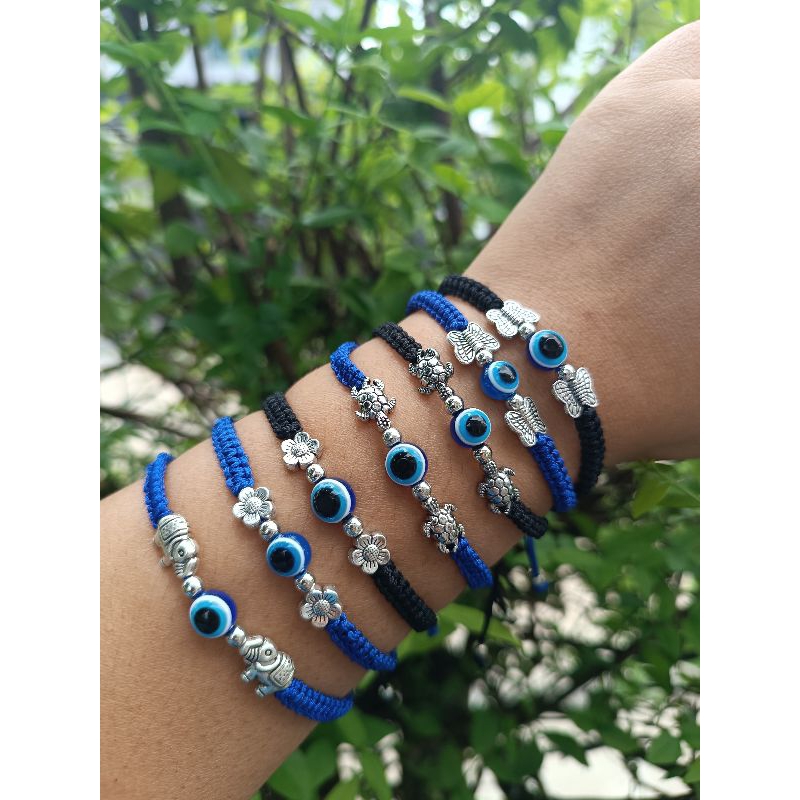 สร้อยข้อมือเชือก กำไลข้อมือEvil Eye 🇹🇷 แต่งลูกปัดสีเงิน