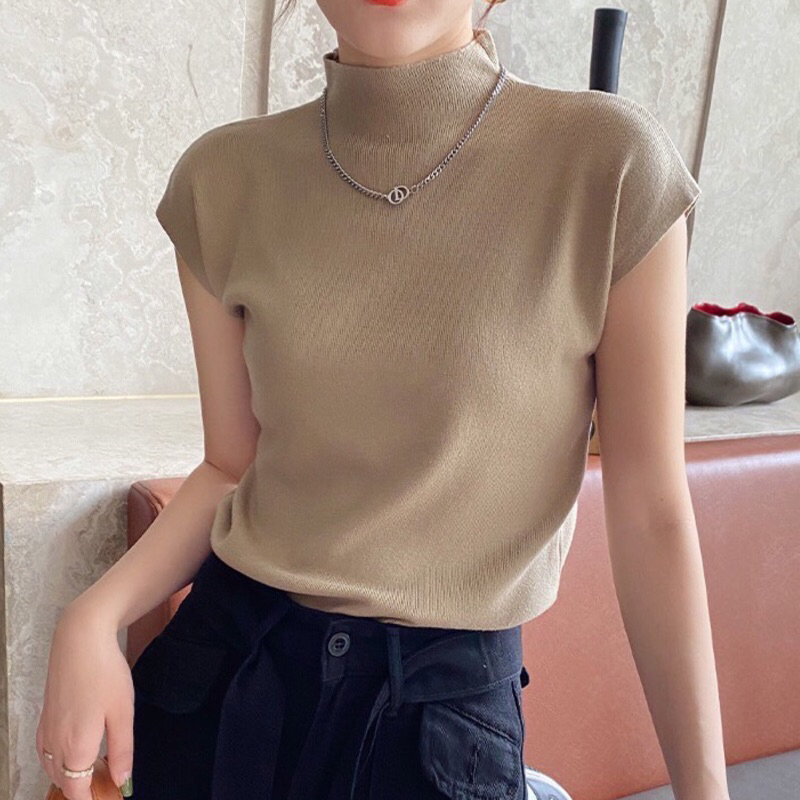 Lady_Sakura 856/AF#เสื้อแฟชั่นแขนสั้นเนื้อผ้ายืดหยุ่น#เสื้อไหมพรมคอเต่า ผ้าหนานุ่ม