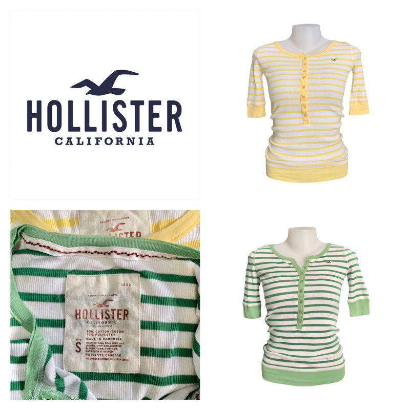 Hollister เสื้อยืด ผู้หญิง รัดรูป ลายขวาง เขียว/เหลือง แขน3ส่วน ผ้ายืด กระดุมยาว