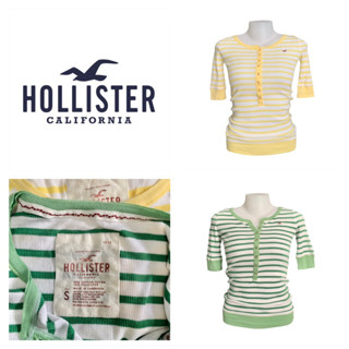 Hollister เสื้อยืด ผู้หญิง รัดรูป ลายขวาง เขียว/เหลือง แขน3ส่วน ผ้ายืด กระดุมยาว