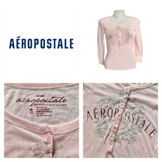 Aeropostale เสื้อยืด ผู้หญิง รัดรูป คอกว้าง แขน4ส่วน กระดุมยาว สีชมพูอ่อน