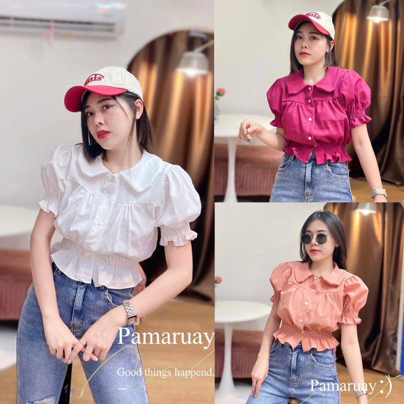 Sunny ครบสี เสื้อคอบัวพลีทแขนตุ๊กตา สม็อคเอว สีพื้น&ลายดอก เสื้อคอบัวน่ารัก